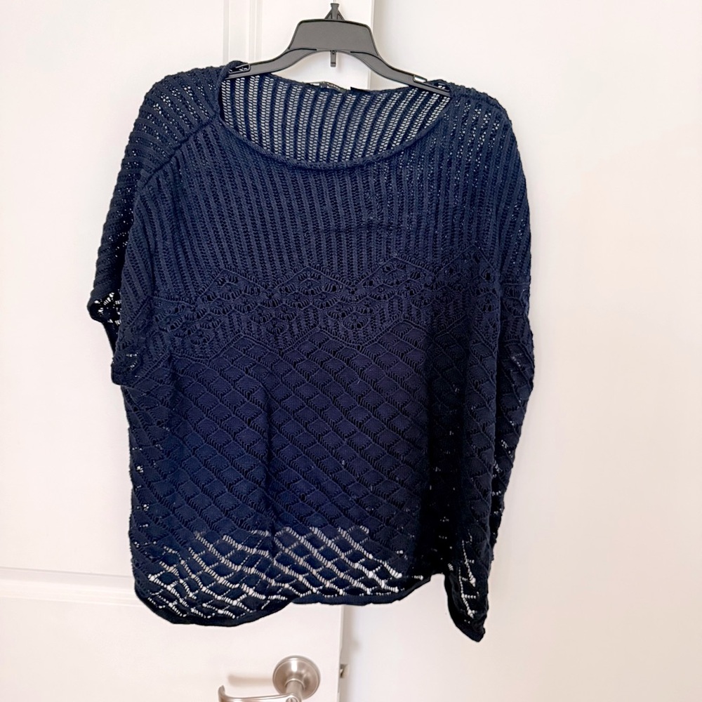 Jeanne Pierre Crochet Beach Cover Up Navy Blue Cap Sleeve Boxy Poncho Size M